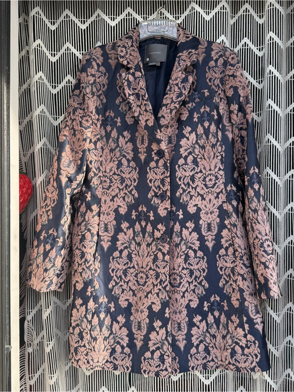 Anthropologie Navy Coat with Rose Jacquard Floral